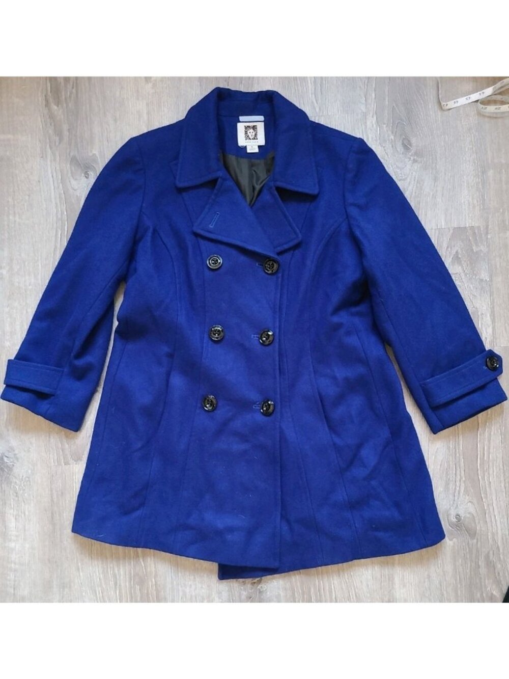 VTG Anne Klein Womens XL Peacoat Double Breasted Royal Blue Wool Lined Y2K